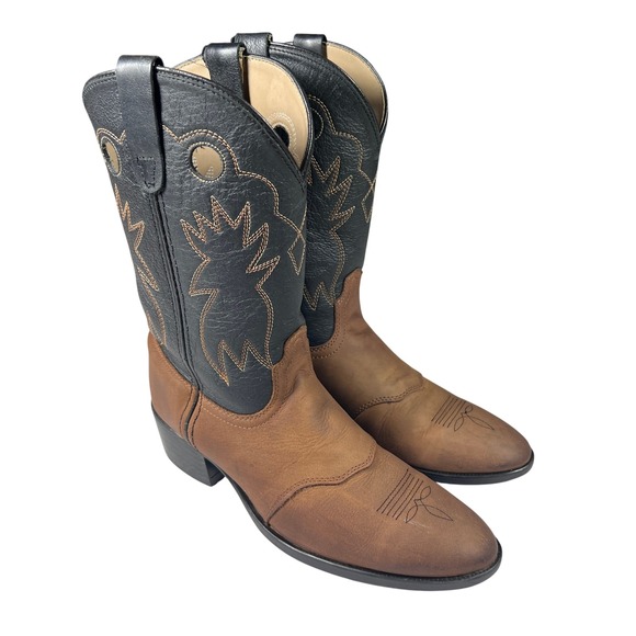 Dan Post Cowboy Boots Mens 5.5 Black Stitched Shafts Brown Leather Vamps Western